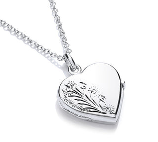 Heart Shaped Wild Flower Locket and Chain - Hand Engraved